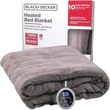 BLACK+DECKER Heated Blanket Electric Twin, 10 Heating Levels, 10H Timer, Auto Shutoff, 62x84 inches, Grey