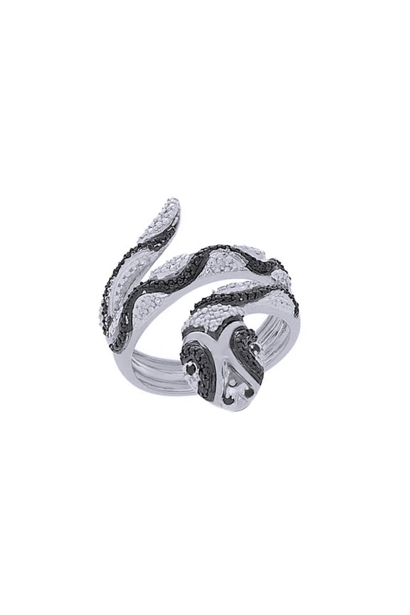 Black & White Natural Diamond Accent Engagement & Wedding Snake Ring In 14k White Gold Over Sterling Silver (0.07 Cttw)