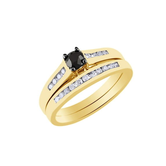 AFFY Black & White Natural Diamond Wedding Set Ring In 10k Yellow Gold (0.5 Cttw)