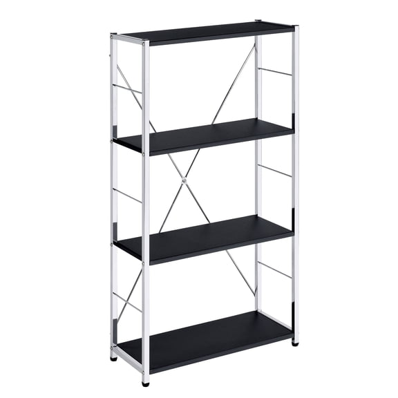 Black and 4-Tier Rectangular Bookshelf 4 + Black+Silver + Open Back + Wood+Metal