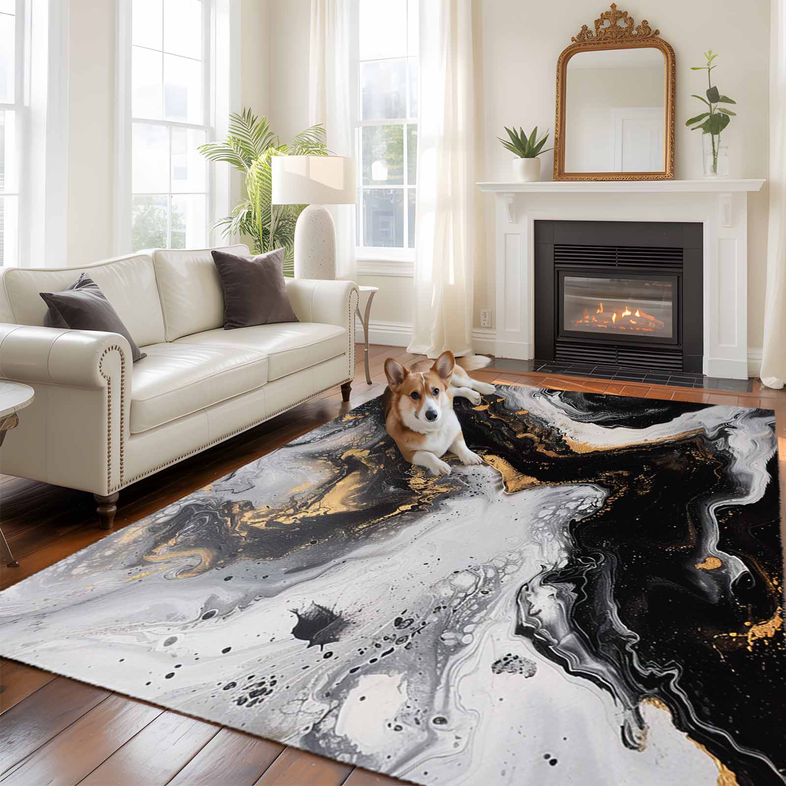 Black and 5x8 Rug for Bedroom Under Queen Bed Placement, White Marble ...