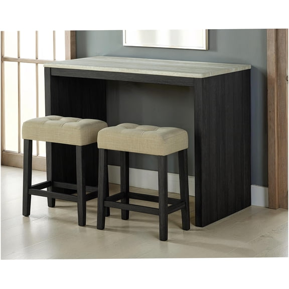 Black and Beige Dining Table Set with 2 Stools, Travertine Tabletop, Biscuit Tufted Upholstered Seats, Transitional Style Kitchen Dinette