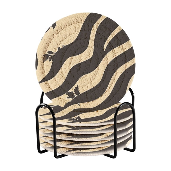Black and Beige Stripe Drink Coasters with Holder Absorbent Coaster for Coffee Table Room Decor 6 Pack