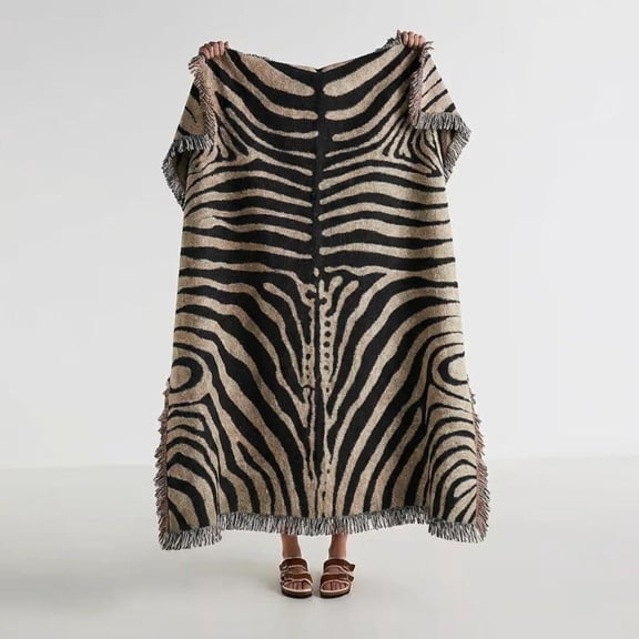 Black and Beige Zebra Stripe Woven Throw Blanket, 100% Cotton, Fringed Edges, Bench Accent