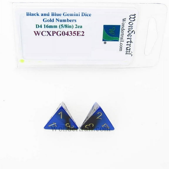 Black and Blue Gemini Dice with Gold Numbers D4 Aprox 16mm (5/8in) Pack of 2 Wondertrail