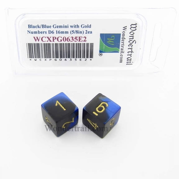 Black and Blue Gemini Dice with Gold Numbers D6 16mm (5/8in) Pack of 2 Wondertrail
