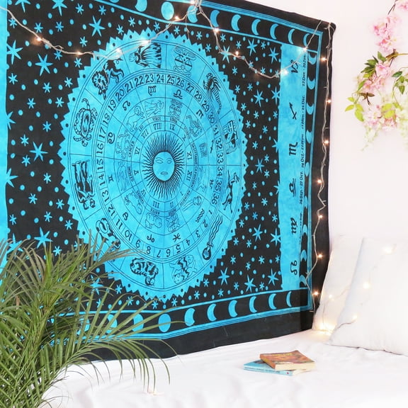 Black and Blue Horoscope Tapestry Astrology Wall Tapestry Hippie Indian Wall Hanging Outdoor Beach Picnic throw Blanket by Oussum