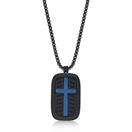 Black and Blue Ion Plated Cross Tag Pendant Jewelry - 24 Inch Round Box Chain