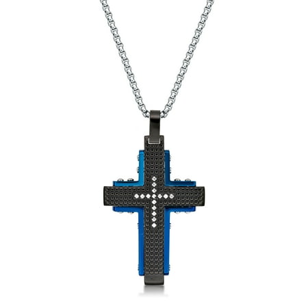Black and Blue Ion Plated Stainless Steel Cubic Zirconia Cross Pendant - 24 Inch Round Box Chain