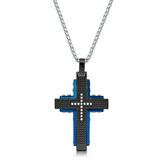 Black and Blue Ion Plated Stainless Steel Cubic Zirconia Cross Pendant - 24 Inch Round Box Chain