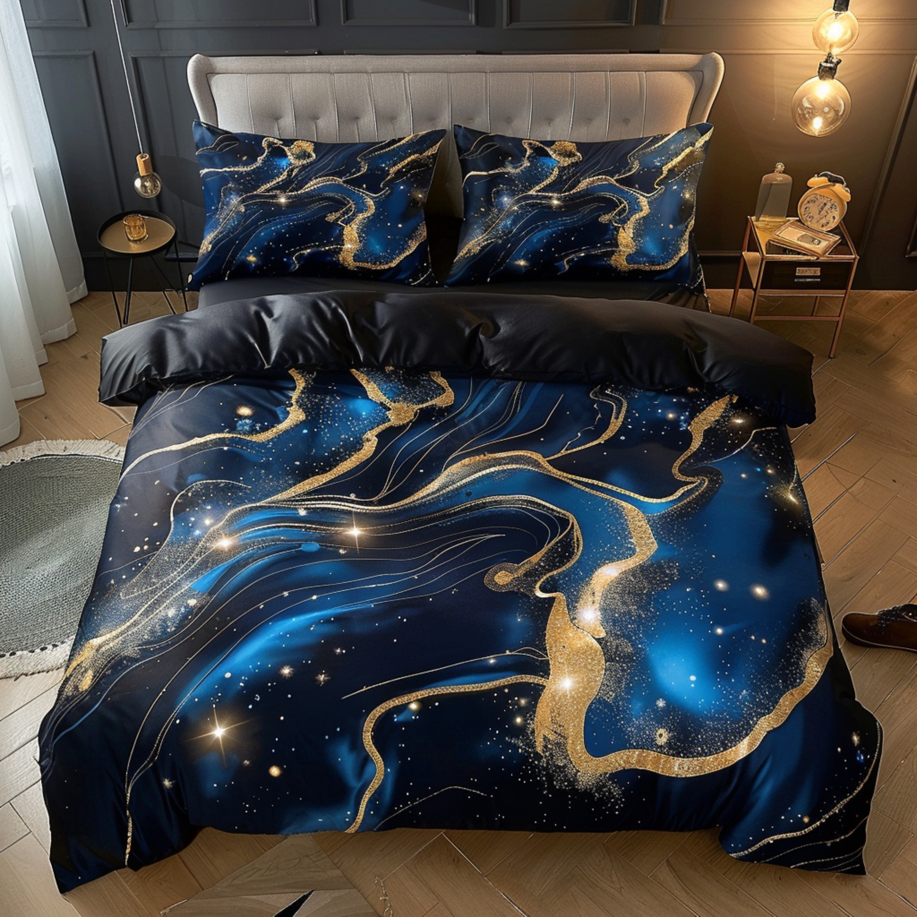 Black and Blue Marble Night Sky Shower Curtain with Gold Glitter Swirls ...