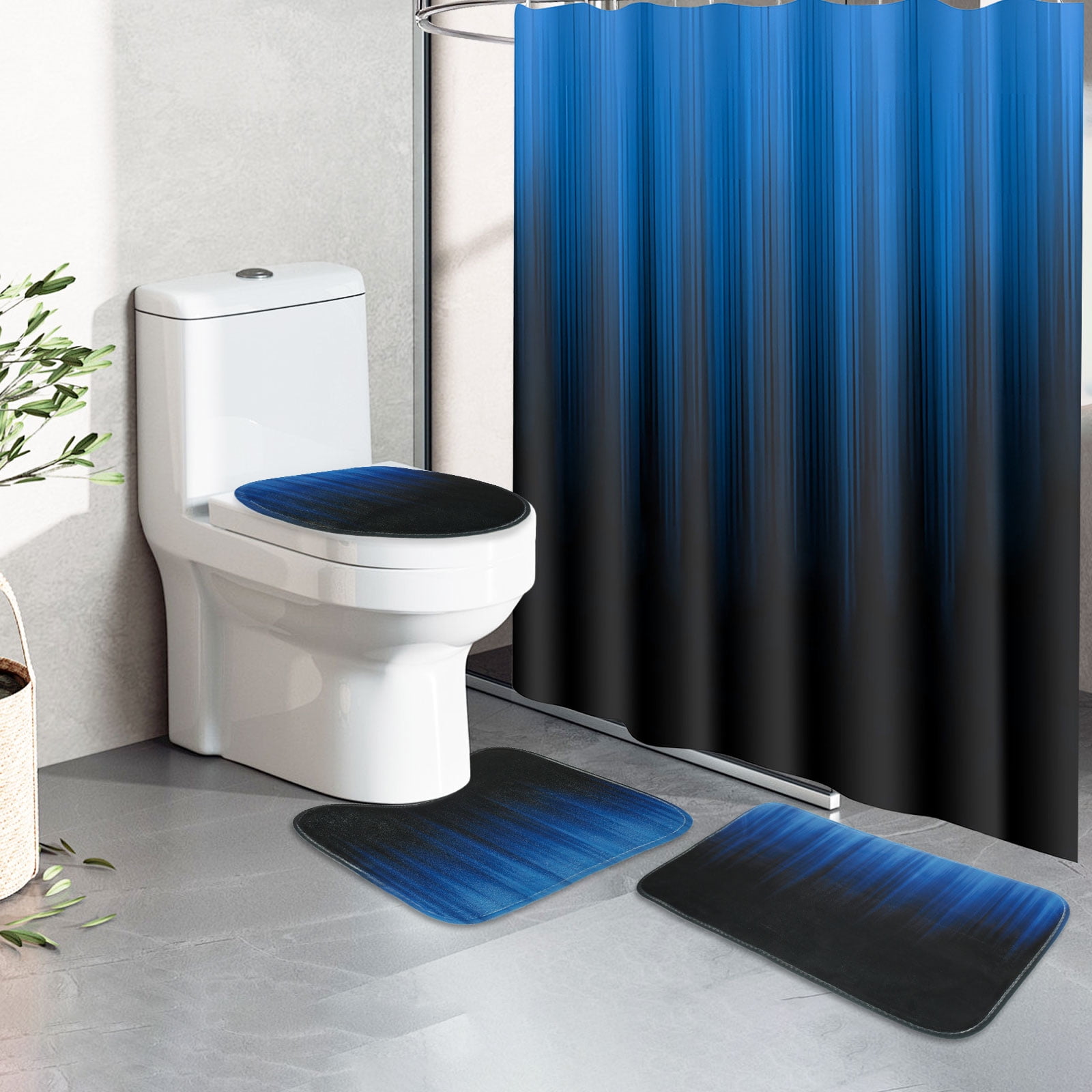 Black and Blue Ombre Shower Curtain Set with Rug, 16pc Modern Bathroom Decor Set, 72" x 72"