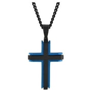 Brilliance Fine Jewelry Men's Black and Blue Stainless Steel Cross Pendant Necklace