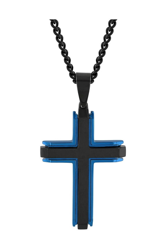 Men's Black and Blue Stainless Steel Cross Pendant Necklace