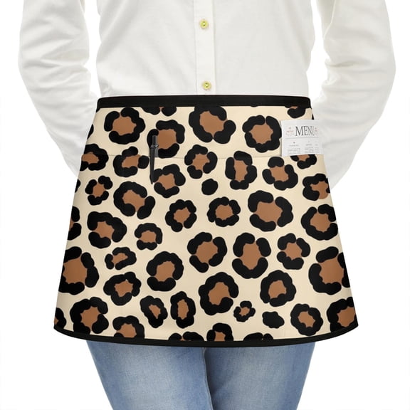 Black and Brown Leopard Print Server Half Apron with Pockets,22.8 X 11.8 Inch Half Waist Design with Black Trim,Restaurant Waitstaff Uniform