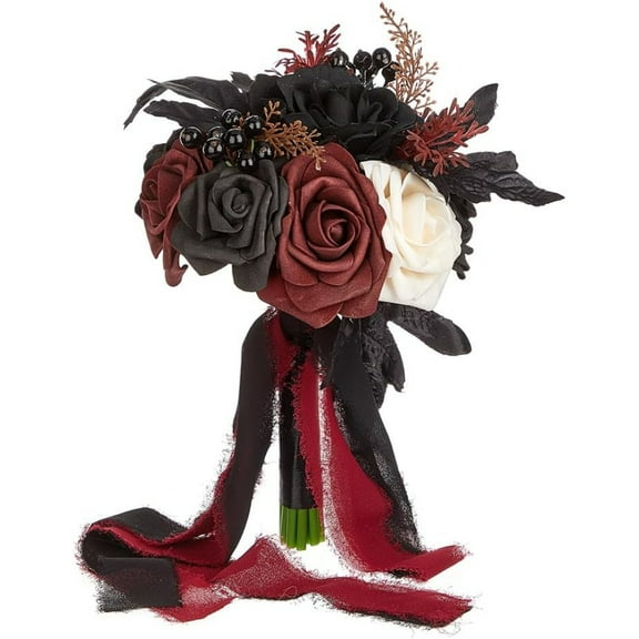 Black and Burgundy Gothic Wedding Bouquet for Bride - Artificial Flower Halloween Bridal Bouquet, Black Rose