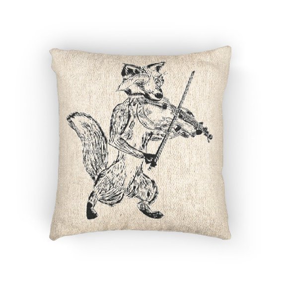 Black and Charcoal Fox Playing Violin Decorative Woven Pillow, Cotton-Polyester Shell, Whimsical Music Accent