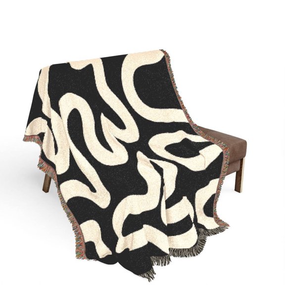 Black and Cream Abstract Squiggle Woven Blanket, 100% Cotton, Modern Style for Sofa and Living Room