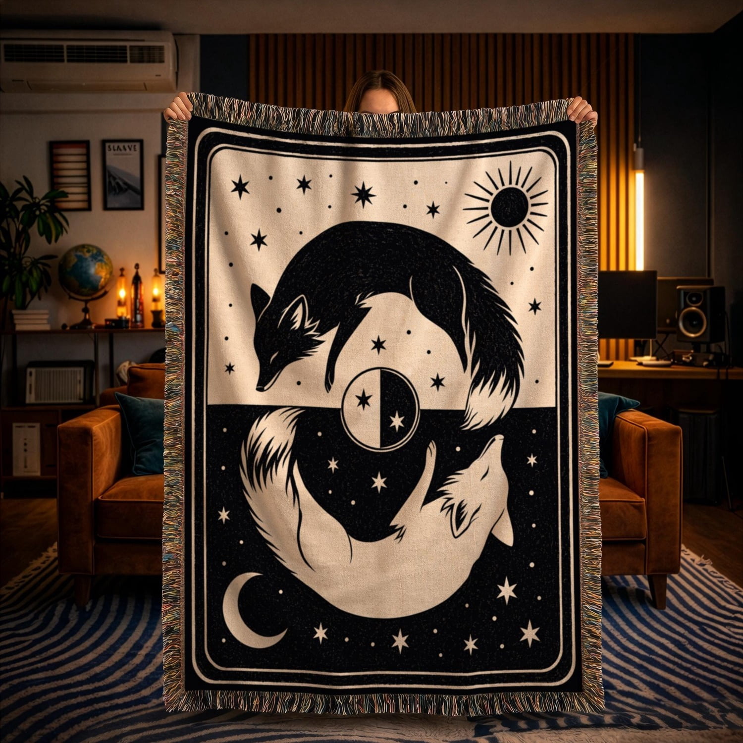 Black and Cream Celestial Foxes, Moon and Stars Woven Blanket, 100% ...