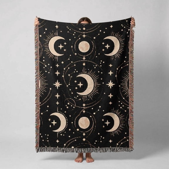 Black and Cream Celestial Moons and Stars Woven Throw Blanket, 100% Cotton, for Living Room or Bedroom
