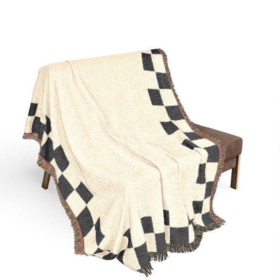 Black and Cream Checker Border Woven Blanket, 100% Cotton, Minimalist Decor for Sofa and Living Room
