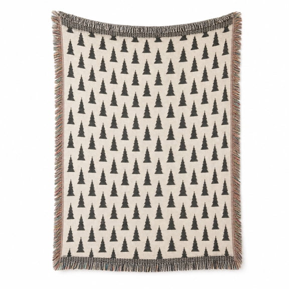 Black and Cream Evergreen Tree Pattern Woven Throw Blanket, Woven Cotton with Fringed Edges, Rustic Geometric Style for Sofa or Bed
