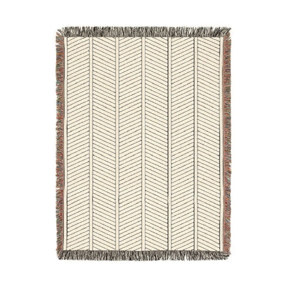 Black and Cream Herringbone Stripe Woven Throw Blanket, 100% Cotton, Geometric Style