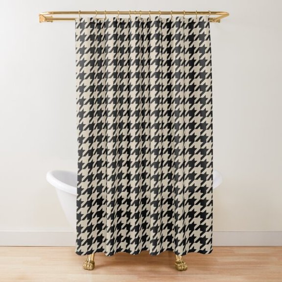 Black and Cream Houndstooth Check Shower Curtain, 100% Polyester, Classic Geometric Bathroom Decor