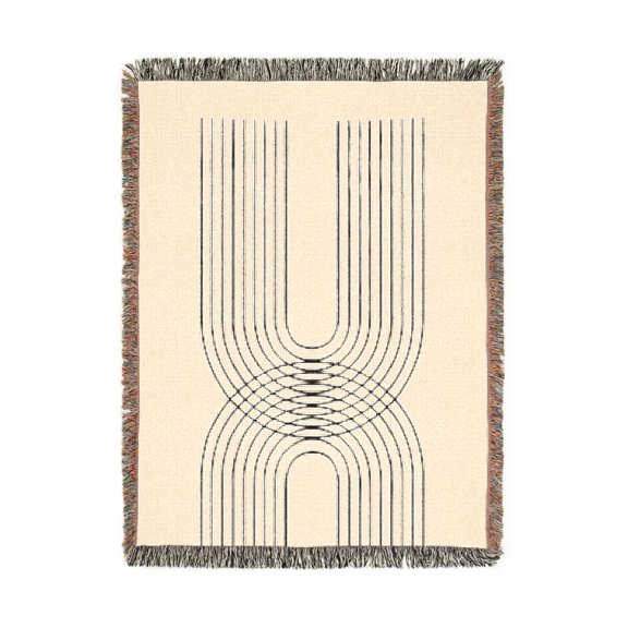 Black and Cream Interlaced Arch Line Woven Blanket, 100% Cotton, Minimalist Geometric Living Room Style