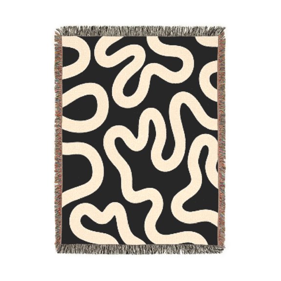 Black and Cream Organic Squiggle Woven Blanket, 100% Cotton, Retro Style for Sofa or Bedroom