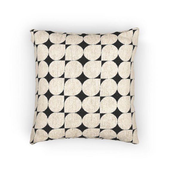 Black and Cream Rounded Square Grid Woven Pillow, Cotton-Polyester, Double-Sided for Sofa and Bed