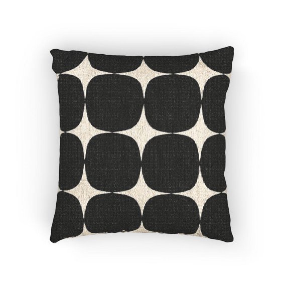 Black and Cream Rounded Square Grid Woven Pillow, Cotton-Polyester Shell, Geometric Style