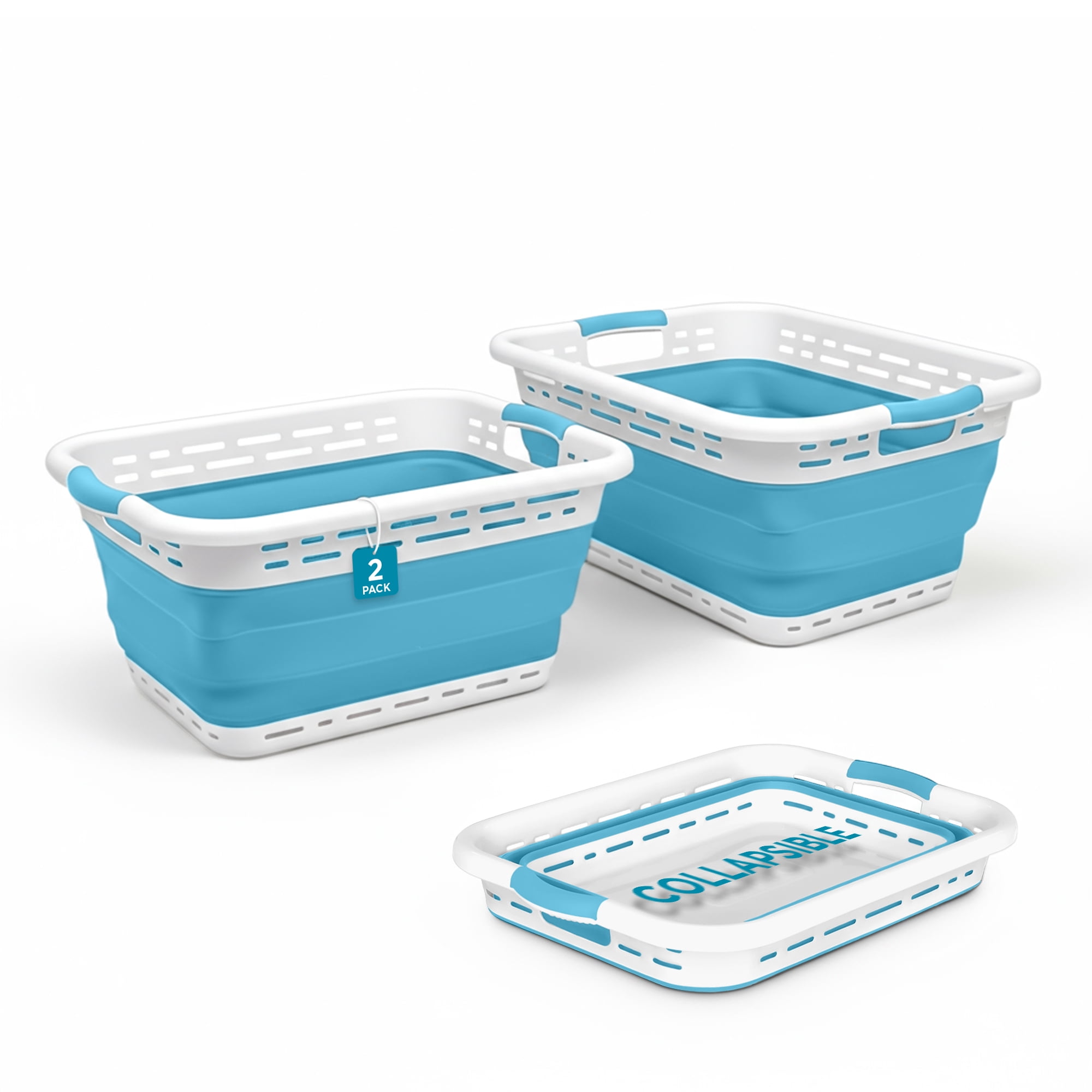 BLACK + DECKER Collapsible Laundry Basket with Handles, Space-Saving Design, Teal, 2-Pack