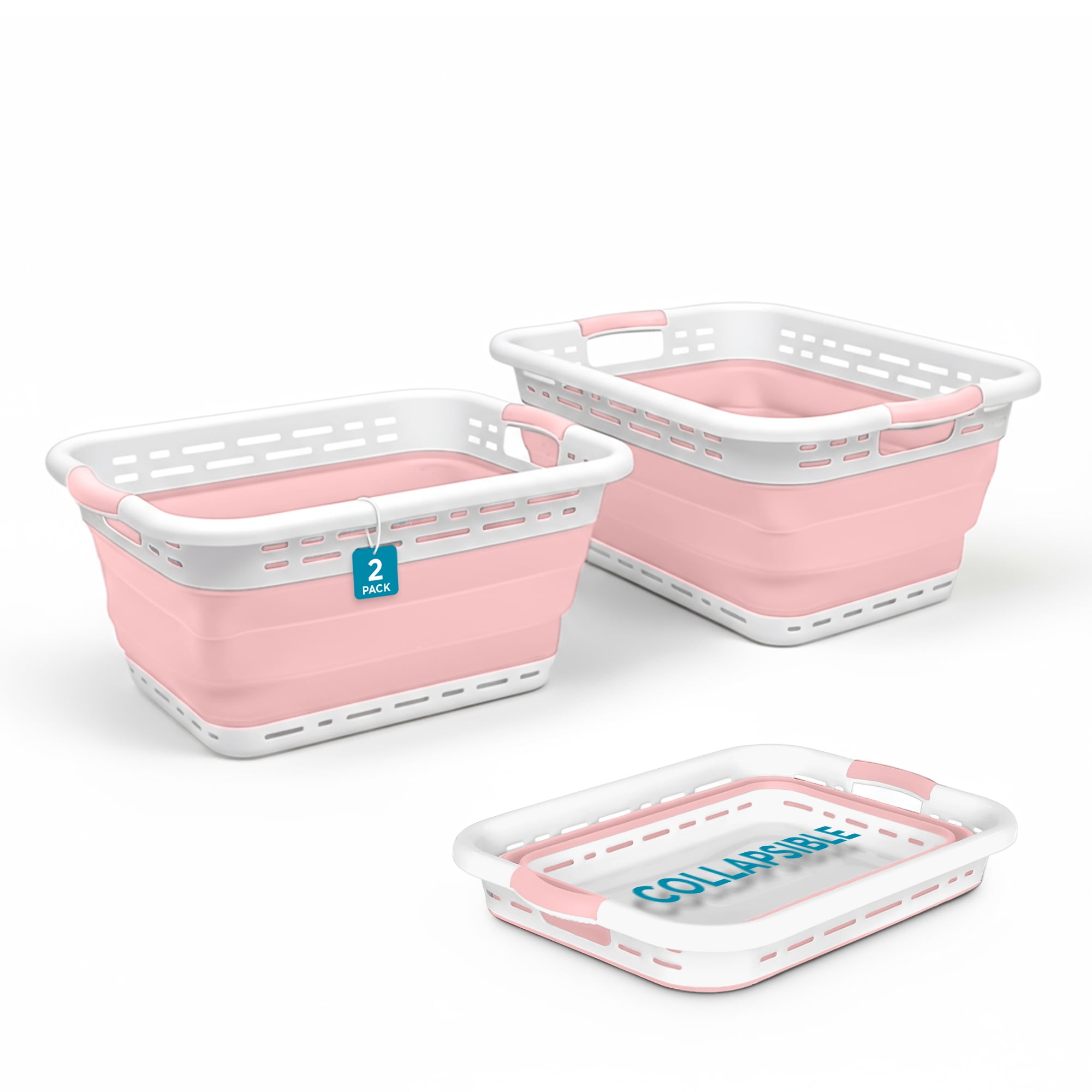 BLACK + DECKER Collapsible Laundry Basket with Handles, Space-Saving Design, Pink, 2-Pack