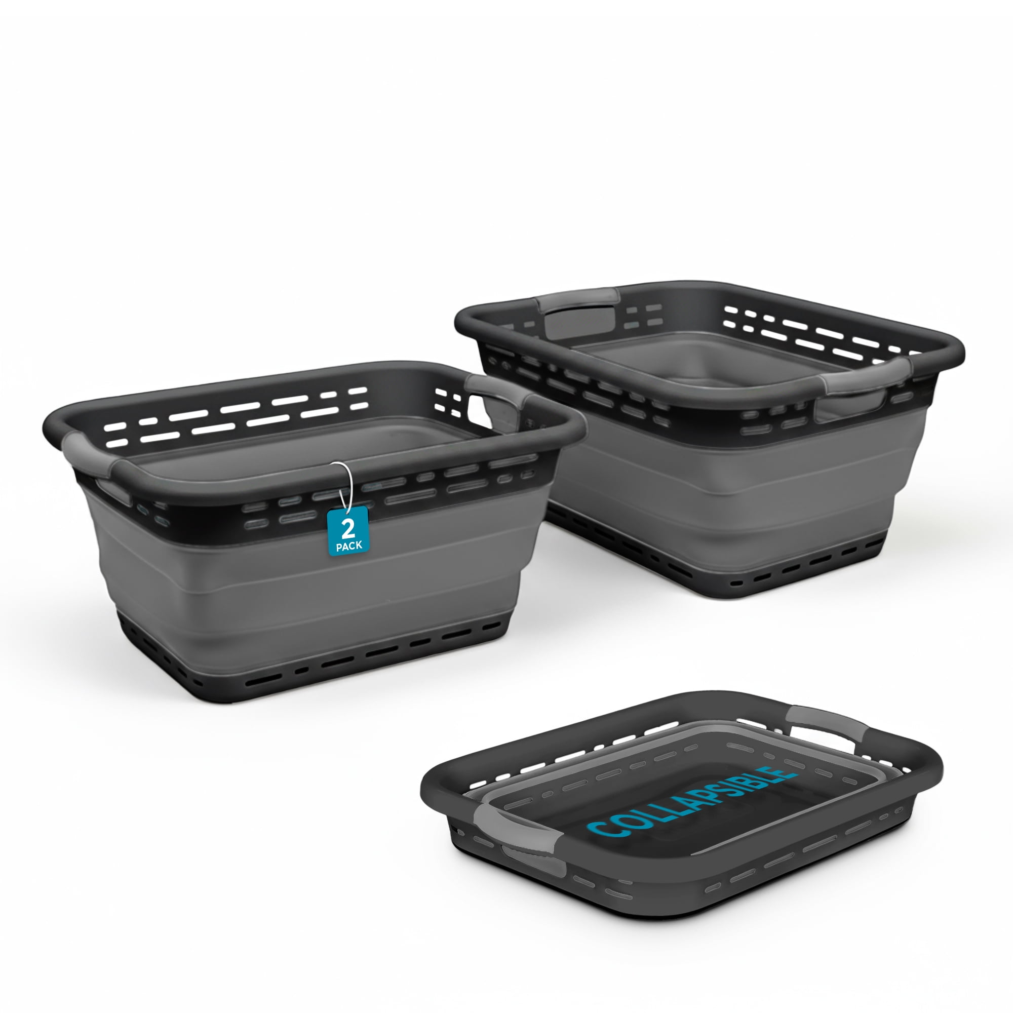 BLACK + DECKER Collapsible Laundry Basket with Handles, Space-Saving Design, Dark Gray, 2-Pack