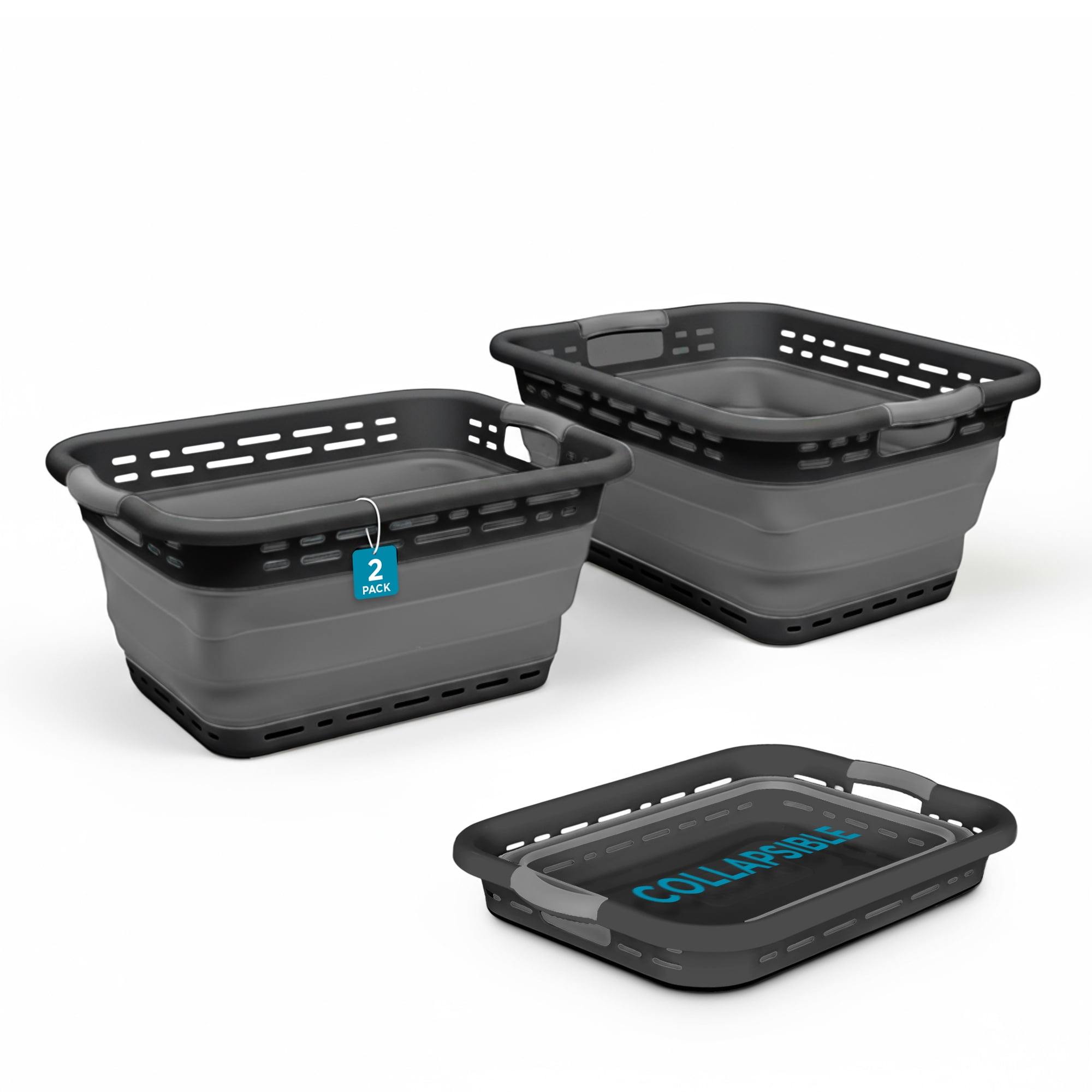 BLACK + DECKER Collapsible Laundry Basket with Handles, Space-Saving Design, Dark Gray, 2-Pack