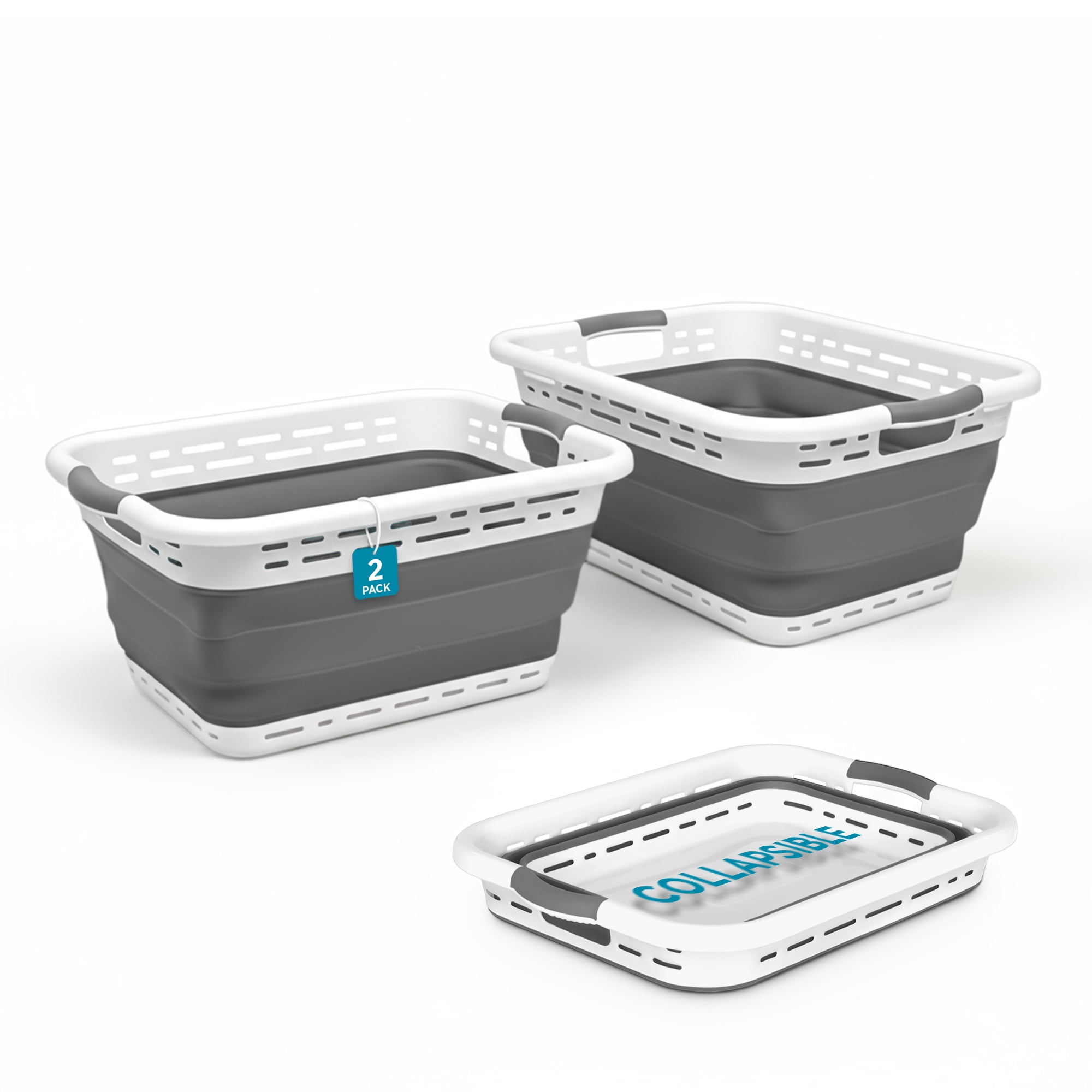 BLACK + DECKER Collapsible Laundry Basket with Handles, Space-Saving Design, Gray, 2-Pack