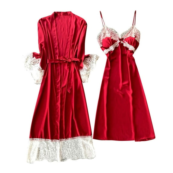 Lindreshi Womens Pajamas Sets Women's Fashion Lingerie Silk Lace Robe Dress Nightdress Nightgown Sleepwear