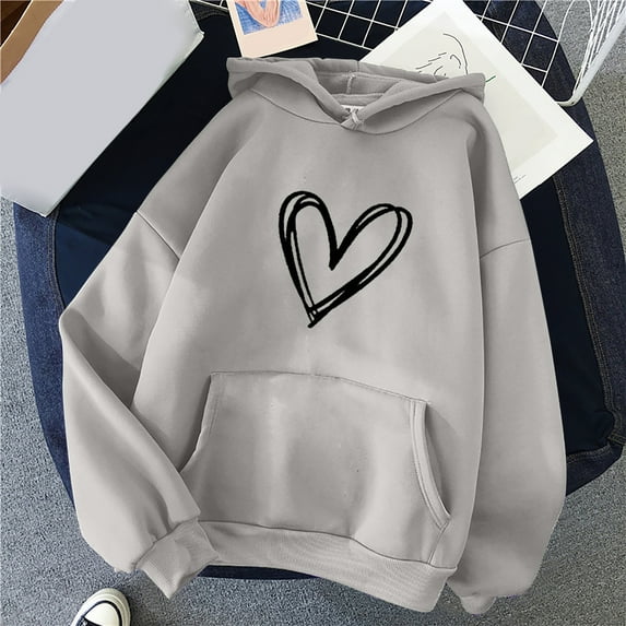 Black and Friday Azrian Tops Saving!,Women's Comfortable Sweater Heart Pattern Printed Women's Hooded Pocket Drawstring Sweater Clearance Sale