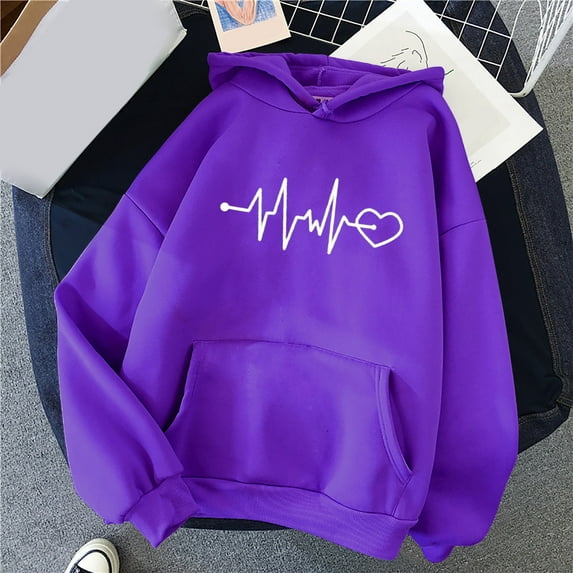 Black and Friday Azrian Tops Saving!,Women's Comfortable Sweater Heart Pattern Printed Women's Hooded Pocket Drawstring Sweater