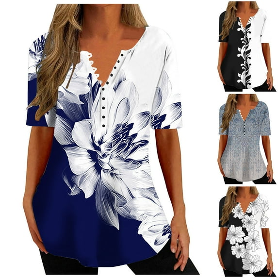 Black and Friday Azrian Tops Saving!,Women's Summer V-neck Print Casual Loose Top Short Sleeve V-neck Button Blouses Tops Clearance Sale