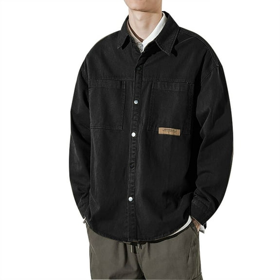 BVnarty Men's Denim Shirt Long Sleeve Button Down Shirts Loose Fit Oversized Workwear Tops (Black,XXXL)