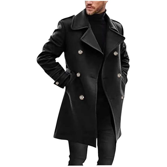 BVnarty Men's Double Breasted Peacoat Winter Warm Wool Blend Trench Coat Long Sleeve Overcoat (Black,M)