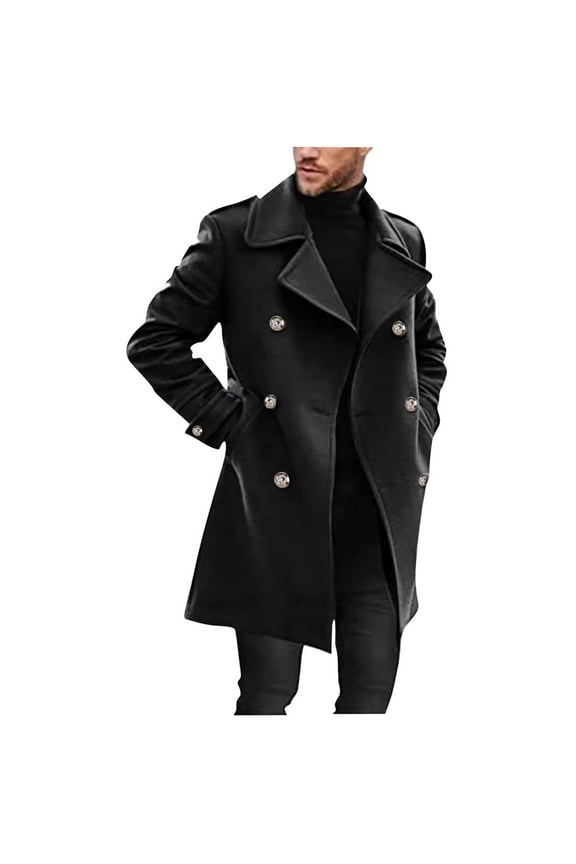 Men's Double Breasted Peacoat Winter Warm Wool Blend Trench Coat Long Sleeve Overcoat (Black,M)