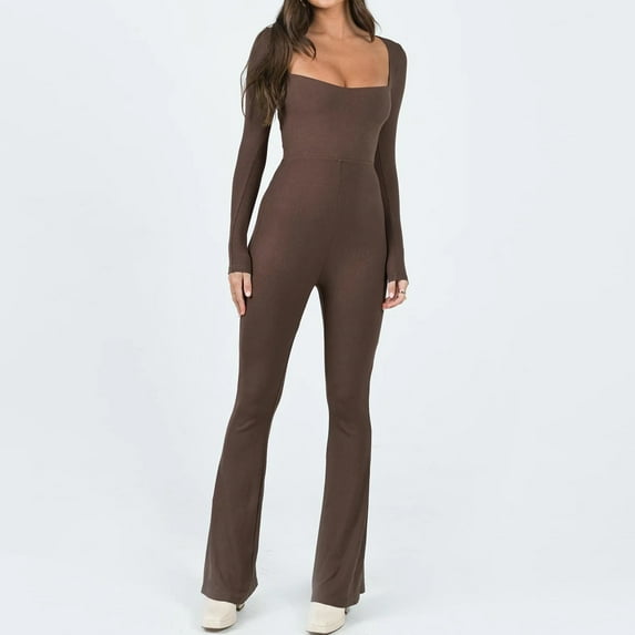Black and Friday Deal Aloohaidyvio Long Sleeve Jumpsuits for Women Square Neck Wide Leg Full Length Romper Playsuit