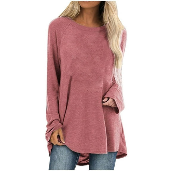 LEAVINGSUO Long Sleeve Tops Women Casual T-Shirt Loose Long Sleeve Tops Solid Blouse