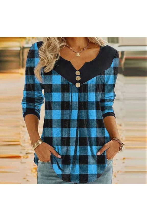 Black and Friday Clothing Sales Idoravan Long Sleeve Shirts for Women Winter Women's Fashion Deep V- Neck Button Long Sleeve Blouse Shirt Blue XL