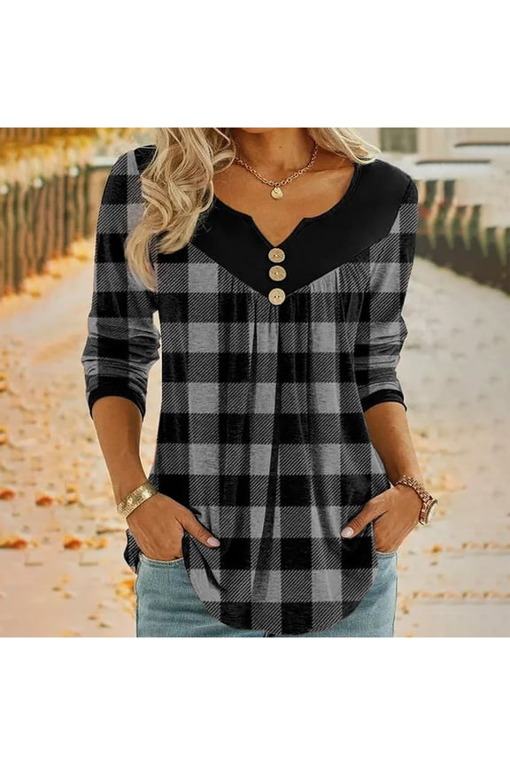 Black and Friday Clothing Sales Idoravan Long Sleeve Shirts for Women Winter Women's Fashion Deep V- Neck Button Long Sleeve Blouse Shirt Gray S