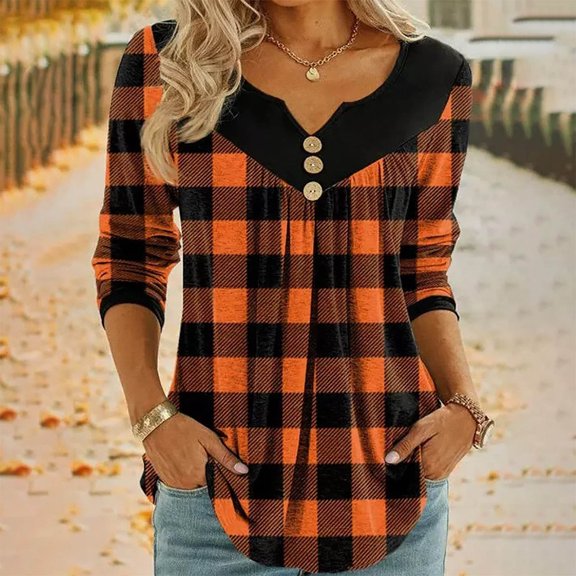 Black and Friday Clothing Sales Idoravan Long Sleeve Shirts for Women Winter Women's Fashion Deep V- Neck Button Long Sleeve Blouse Shirt Orange S