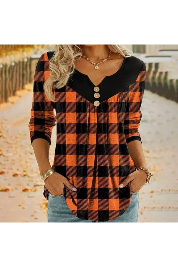 Black and Friday Clothing Sales Idoravan Long Sleeve Shirts for Women Winter Women's Fashion Deep V- Neck Button Long Sleeve Blouse Shirt Orange S